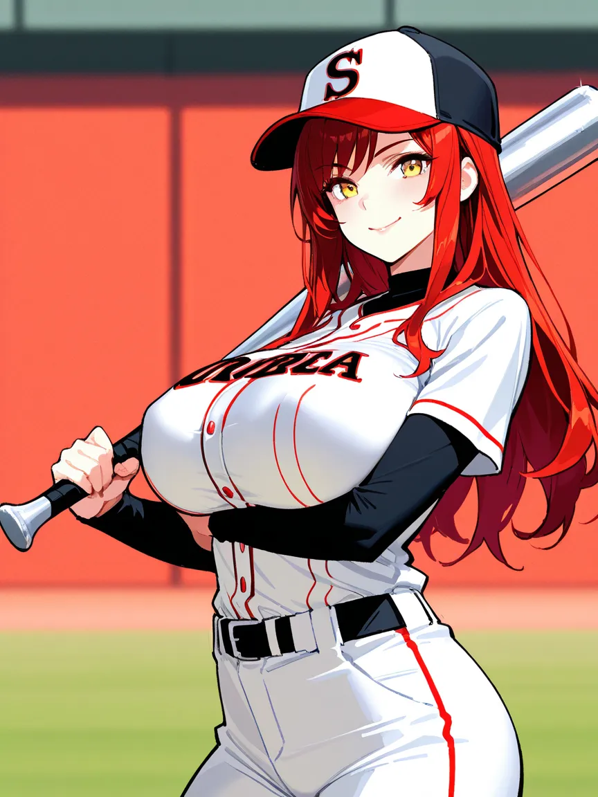 8k,masterpiece, best quality, ultra detailed, high resolution, super fine illustration, 1girl, solo, smile, yellow eyes,red hair, long hair, huge breasts, baseball cap, baseball uniform, holding baseball bat,looking at viewer,