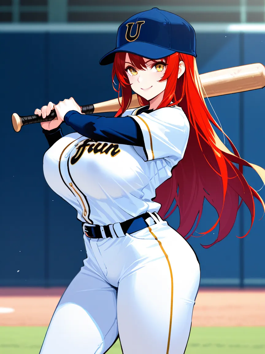 8k,masterpiece, best quality, ultra detailed, high resolution, super fine illustration, 1girl, solo, smile, yellow eyes,red hair, long hair, huge breasts, baseball cap, baseball uniform, holding baseball bat,looking at viewer,