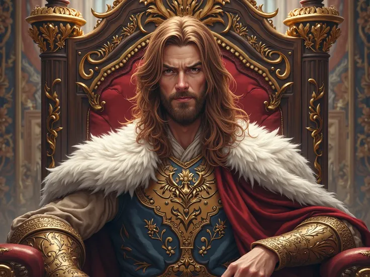 King's face, brown hair and beard, throne room, medieval anime realistic style 