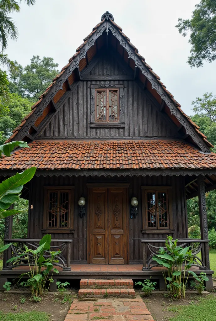  A traditional Malay village house Malay house Built on stilts made of big timber.Instead pre-cut holes and grooves are used to fit the timber elements into one another.the entire wall of the house is painted with black oil to prevent termites.a pyramidal ...