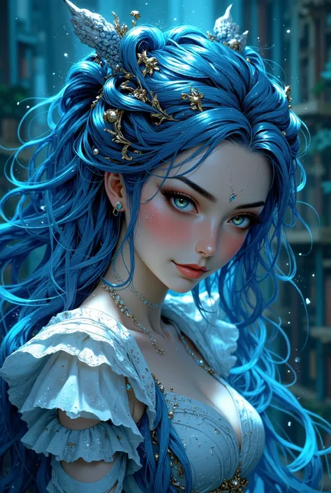 " Aether-like , full body  The princess's of the dark at  blue sea mesmerizing appearance、Her celestial blue and gray eyes and ocean blue hair, She embodies the beauty of water and grace. Her face is oval-shaped, She has soft and charming, harmonious conto...