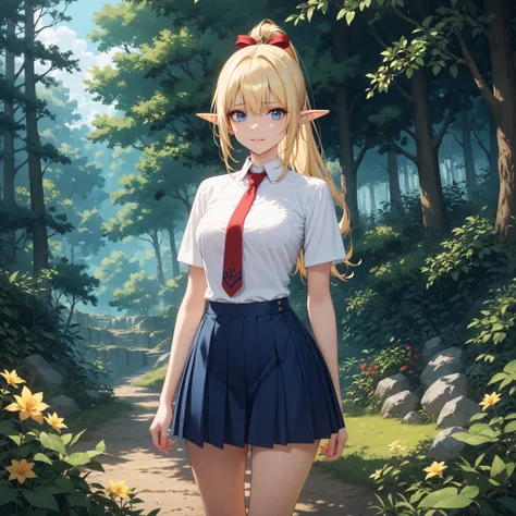 Elf、 Gold、Blue Eyes、ponytail、Oversized ribbon 、Embarrassed、panties、 skirt,  shirt, uniform, 白い shirt, Short sleeve, tie, 青い skirt, 赤いtie