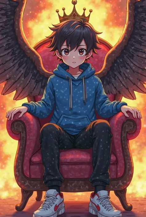 A anime stylish boy sitting in a stylish thrown wearing a blue hoodie, a black track pant and a white shoes . On the top of the the thrown a crown is there and from the side of the thrown wings should be out and in the background fire should be spread from...