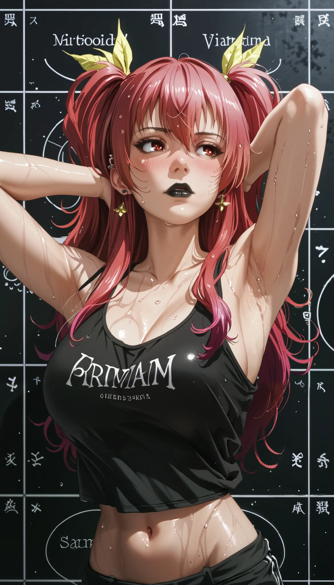 score_9, score_8_up, score_7_up, source_anime, stella vermillion, long hair, crimson hair, crimson eyes, 1girl, solo, blush, two side up,eyes brown,black tank top, gothic make-up, pierced ears, big breast, perfect body, black lipstick, Smooth, dewy armpits...