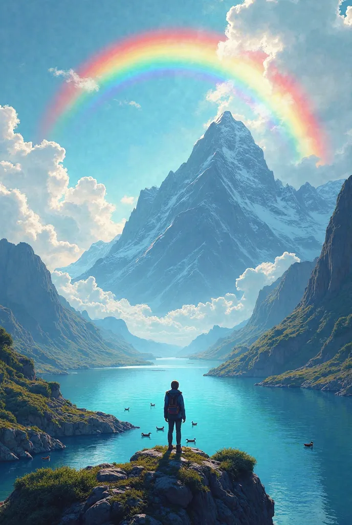 I would like to create a person on top of a big mountain looking at a rainbow in which there is a blue lagoon down there and several ducks swimming 