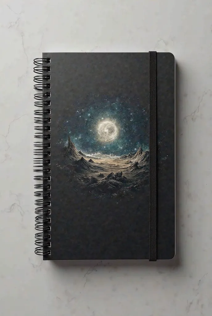 Generate an image of an agenda in the type of ringed notebook in black the ringed one and that the main cover is the following image