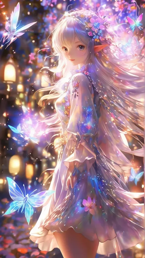 concept art  mystical  fantasy concept art of anime artwork A fairy, flower,   fantasy themed digital painting  , 夜の  magical森, featuring ultra- of shirt dresses very well detailed,   iridescent and ceramic texture  、 realistic sparkling flowers like a pho...