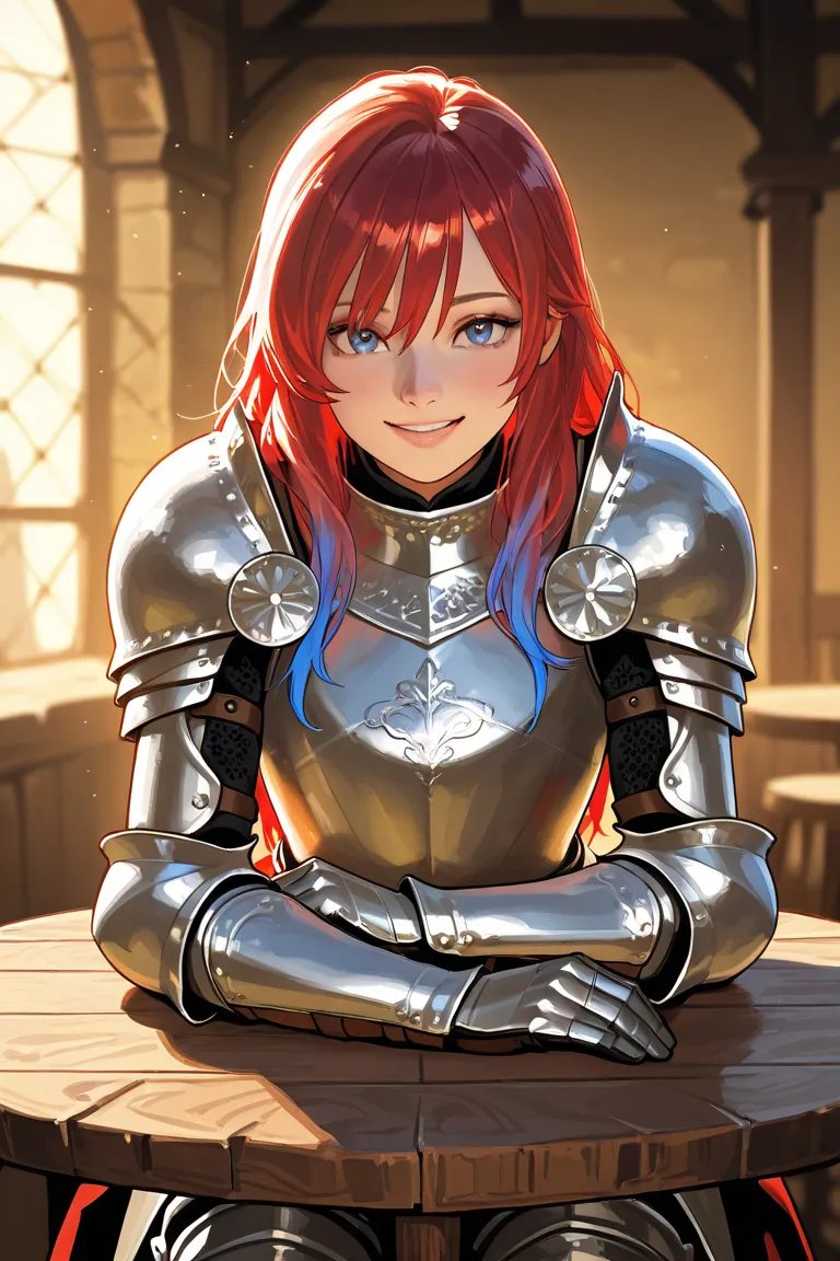 Long red hair, blue eyes, wearing somewhat medieval armor, sitting at a round table, smiling.