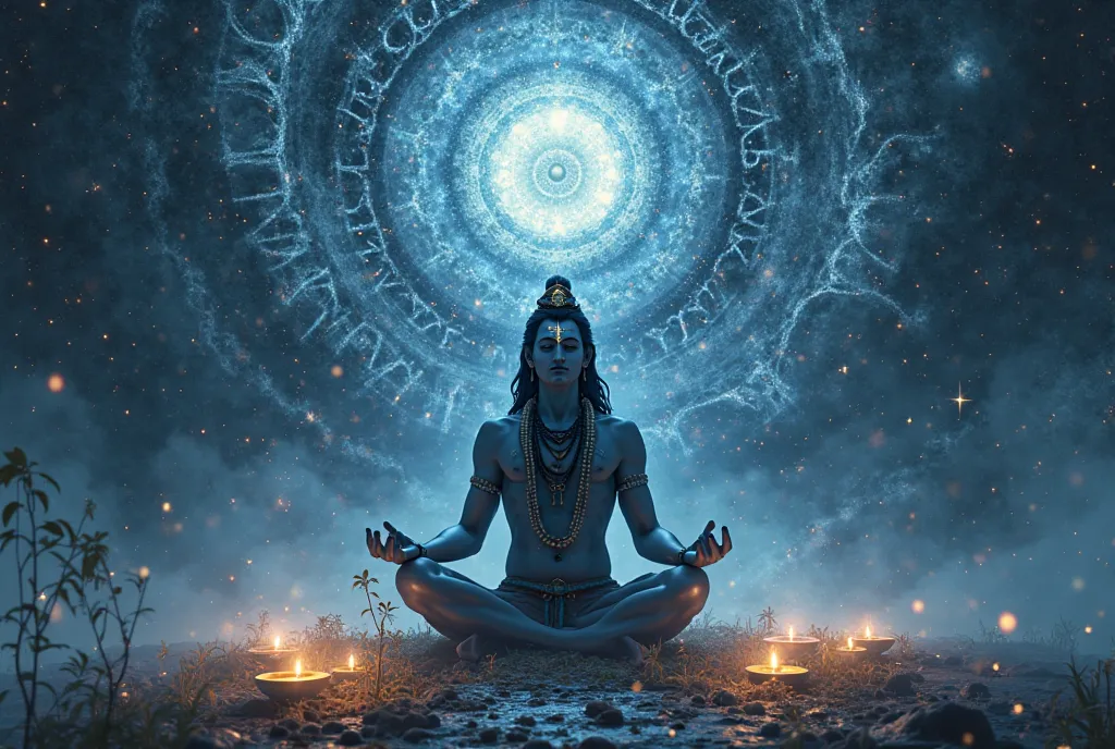 "A mystical, high-resolution digital artwork of Lord Shiva seated in a meditative posture with a deep cosmic background. The words ‘What does Lord Shiva mean to you?’ glow in Sanskrit and English in the sky, inviting viewers to reflect. Small floating lamp...