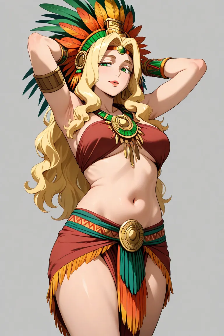 quetzalcoatl (rider ),  mature adult woman,long hair, blond hair, thesis Clara, long eyelashes, green eyes, dressed in traditional Aztec costume, medium breasts and medium thighs, slim body,  perfect face, Detailed face