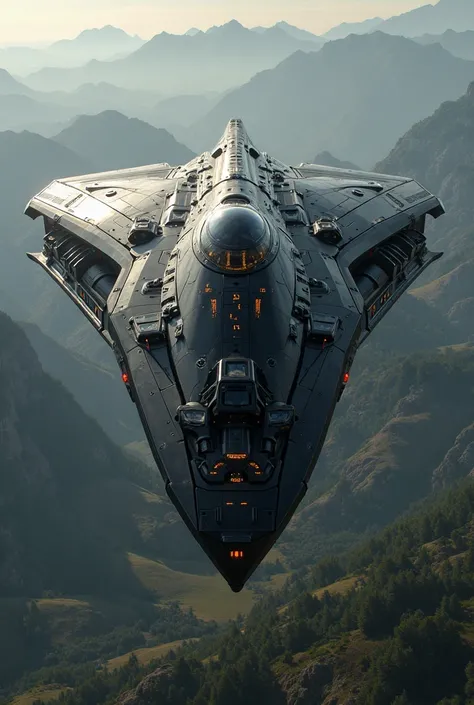 
The new triangular Black Valchiria Class UC Freja, hovering above Earth-like landscape, with its antigravitational system AI-extraterrestrial cylon and hyper-tech lvl.5 tech on Kardashian scale