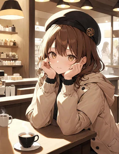 1 girl,Brown hair short hair drop hair inner color eyelashes,black coat, black beret, coffee drinking, coffee shop, cake lamp, warmth