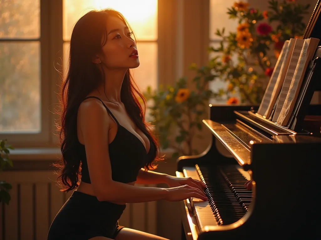 a beautiful asian girl playing piano,head up,closed eyes,parted lips,golden hour,indoor,sexy,lust,temptation,bare arms,1girl,solo,long hair,large_breasts,(cleavage:1.2),deep v neck top,black hair,flower,plant,black super short pants,black shirt,narrow wais...