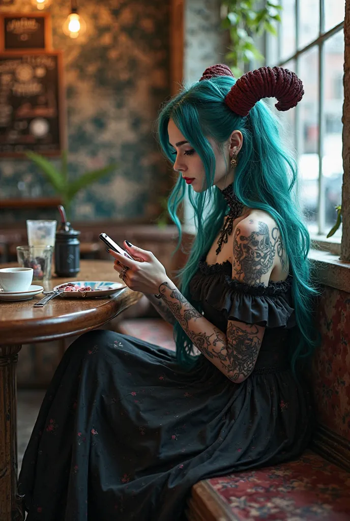 Create a beautiful demon girl, gothic, long hair, turquoise, white skin with tattoos and lenses wearing a long gothic dress in black and red, sitting in a coffee shop drinking coffee while checking her phone 