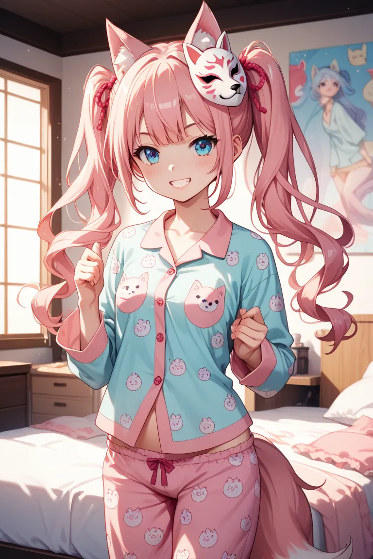 pink twin-tail pajamas fox mask