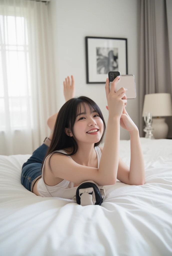 A beautiful Asian woman with long, black hair is lying comfortably on her bed. She is smiling as she takes photos with her phone, in a cozy, modern setting. The room is softly lit by natural light, with white sheets and a touch of minimalist decor in the b...