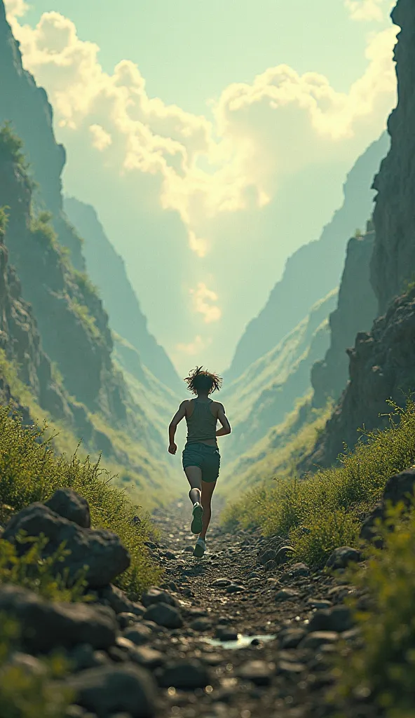 A person running towards the horizon and the landscape changing around them.