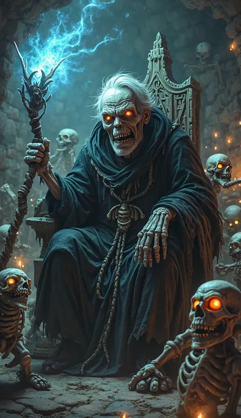 "A sinister old man with a frail, bony physique, wrinkled grayish skin, and sunken eyes. He wears a dark tattered robe with bone-like patterns. His hands are thin and claw-like, gripping a twisted, eerie cane that glows with an ominous blue light. His expr...