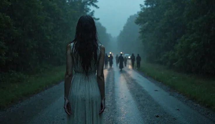 A deserted road in the middle of the night, surrounded by a dark and dense forest. Heavy rain pours down, and the headlights of a broken-down car illuminate a woman in a white dress standing in the center of the road. Her face is hidden beneath long, soake...