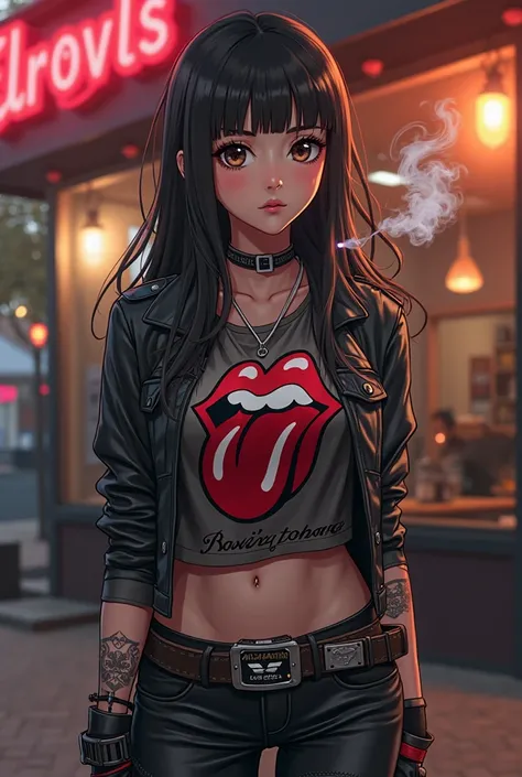 (Anime:1.2), beautiful woman, 26 years old, Straight Black Hair, Dark Brown Eyes, Slender, Small Tits (B-Cup), BREAK, Tight Leather Pants, Leather Biker Boots, Rolling Stones T-Shirt, "Harley" Necklace, BREAK, Outside A Biker Bar, Smoking a joint