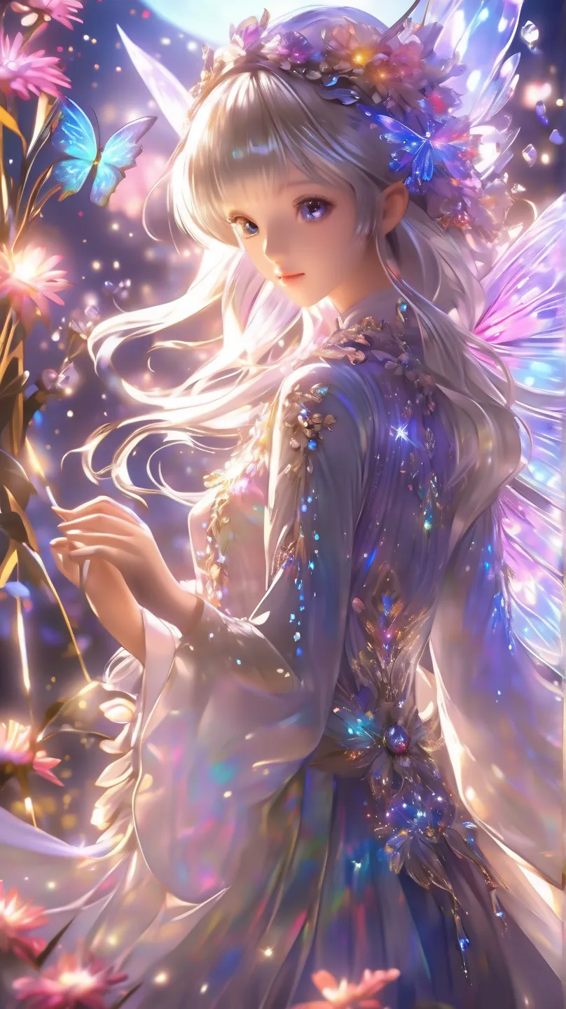 concept art   mystical   fantasy concept art of anime artwork A fairy, flower,     fantasy themed digital painting    , 夜の   magical森, featuring ultra- VERY DETAILED SHIRT DRESS DETAILS,    iridescent and ceramic texture   、 realistic sparkling flowers lik...