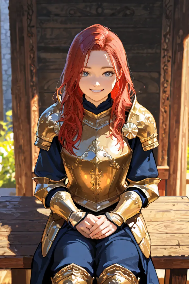 Long red hair, blue eyes, wearing somewhat medieval armor, sitting at a round table, smiling.