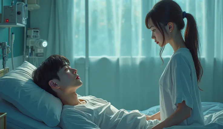 A handsome Korean man with short dark hair is lying on a hospital bed and is leaning back and looking at her as she stands at the end of the bed with lovely eyes, and a beautiful Korean woman from the side is standing at the end of the bed and looking at h...