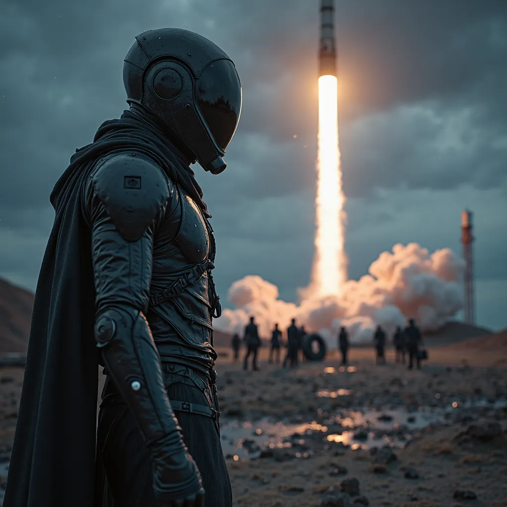 high resolution,  3D Rendering,  8k octane render , Filming, Futurism, It is a story of a man in the future, 3000 years ago, building an army of men wearing a black Thai suit. LED is at the base of a rocket launching a tire into space.