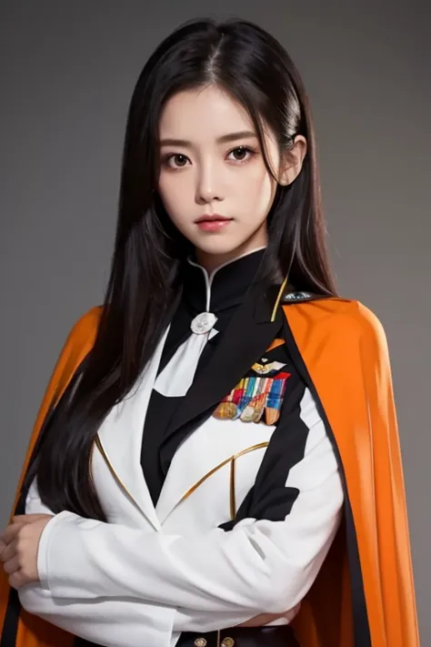 white **-****-*** girl with long black hair is wearing a military uniform, Orange Cape , Big hazel eyes, Science Fiction , Dark mood, 