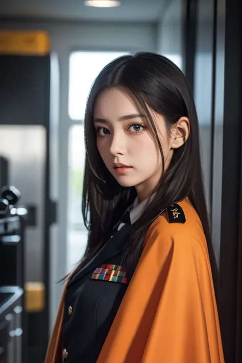 white **-****-*** girl with long black hair is wearing a military uniform, Orange Cape , Big hazel eyes, Science Fiction , Dark mood, 