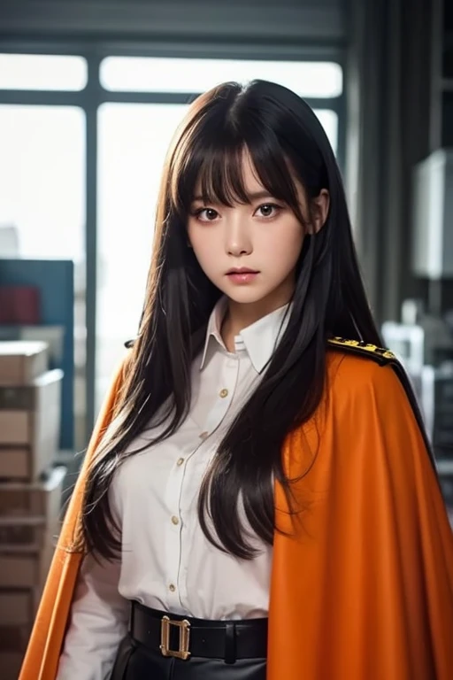 white **-****-*** girl with long black hair is wearing a military uniform, Orange Cape , Big hazel eyes, Science Fiction , Dark mood, 