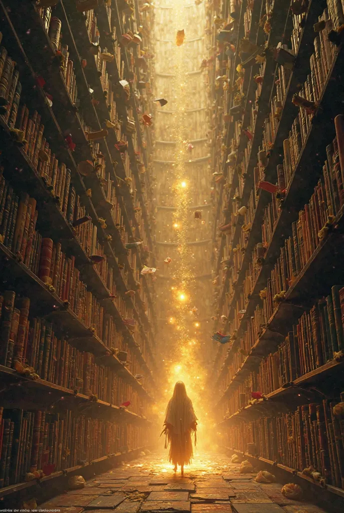 Scene 3: The Grand Bookshelves

(Camera Angle: Medium Shot, Tilting Up to Emphasize Scale)

The bookshelves are impossibly tall, some reaching hundreds of feet into the open space, others floating freely, shifting as if searching for their proper place. Bo...