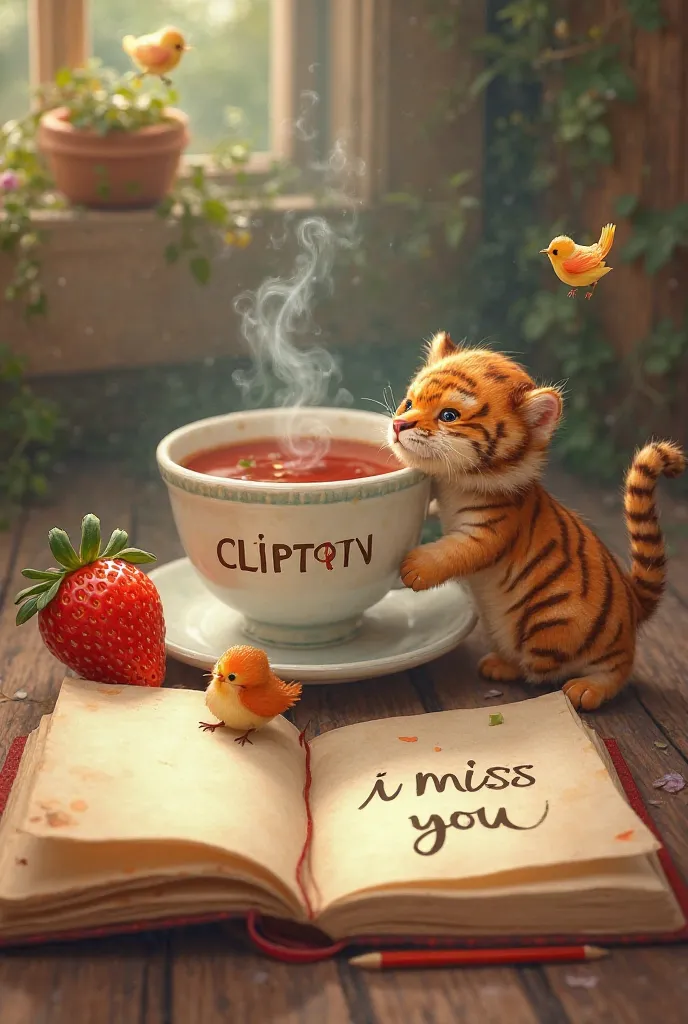 Make a picture of a cup of tea with the letters Clipton and a strawberry with a notebook that says “I MISS YOU” and a baby tiger having fun with the little bird