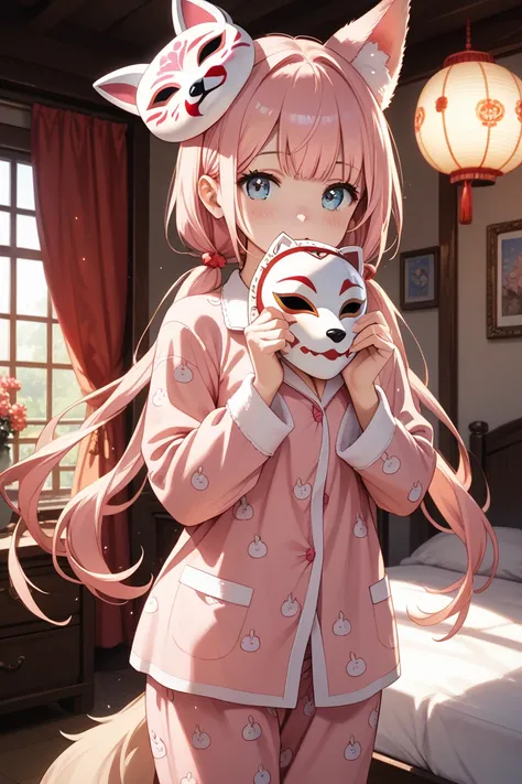 pink twin tail human pajamas fox mask