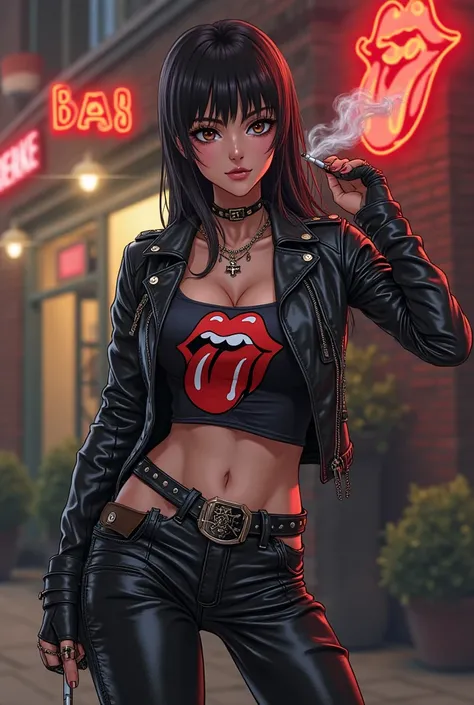 (Anime:1.2), beautiful woman, 26 years old, Straight Black Hair, Dark Brown Eyes, Slender, Small Tits (B-Cup), BREAK, Tight Leather Pants, Leather Biker Boots, Rolling Stones T-Shirt, "Harley" Necklace, BREAK, Outside A Biker Bar, Smoking a joint