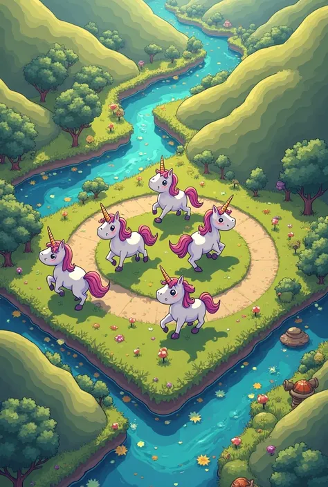 Create a, In Cartoon style, Let it be an aerial image of some unicorns on a square plot with a circle-shaped river in the center