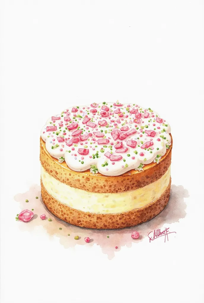 Pink, white and green speckled cheesecake on the last layer in realistic watercolor illustration style 