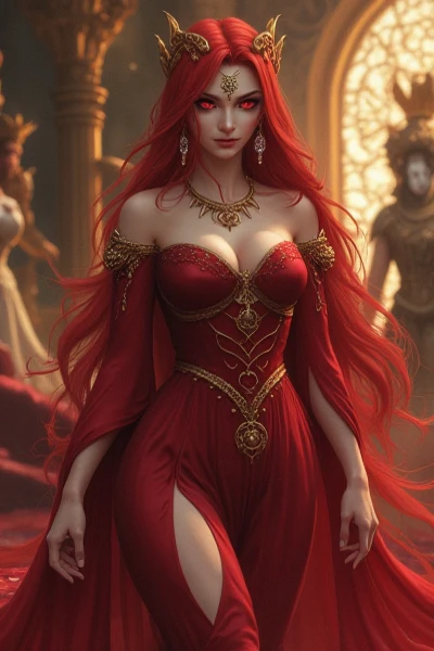 distinct, Fantasy, 1other, White_man, kuudere, queen, red_hair, long_hair, long_eyebrow, long_eyelashes, red_eyes, female, large_breasts, Crystal_earrings, pentacle, a dark red dress, fold her arms, look down, royal palace, Exposing one leg, large_ass, sle...