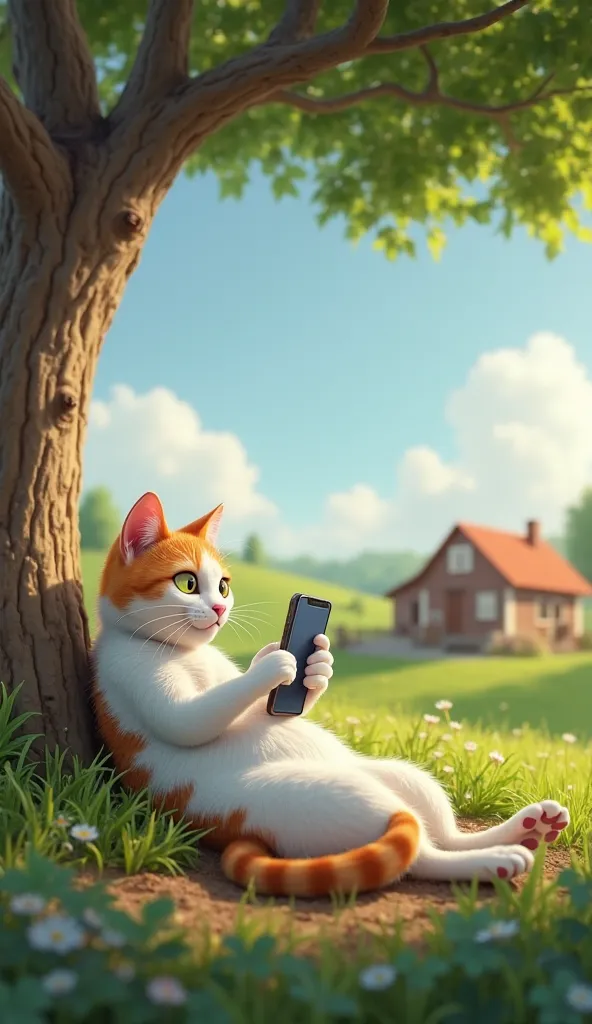 A realistic farm, with a realistic cat, white with orange , lying under a realistic tree, He holds a smartphone with both paws and talking