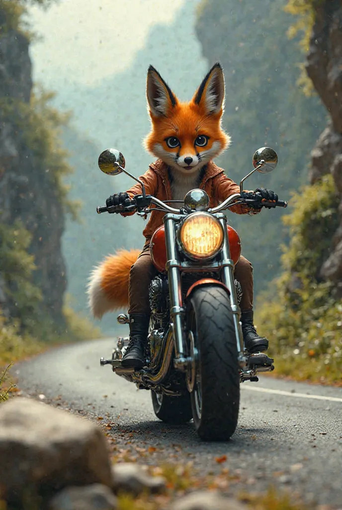 A fox riding a motorcycle on the road with a stone in front 