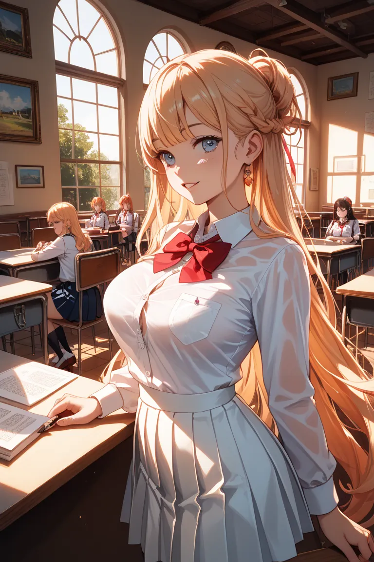 human　 girls on the left　 school uniform　See-through　 miniskirt　 Gold　long hair　Big Breasts　 