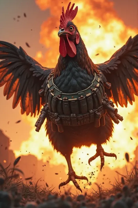 A chicken, jumping off a bridge with guns, ammo wrapped around it with a bandanna on with war paint under its eyes with an explosion behind it