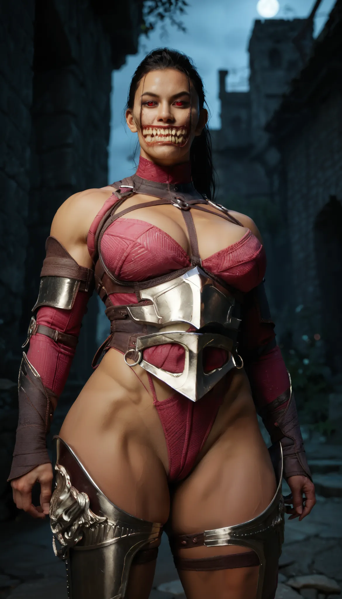 score_9,score_8_up,score_7_up,score_6_up,mileenatxl,black hair,red eyes,lips,ponytail,slit pupils,teeth,pink bikini armour, standing,looking at viewer,night,dungeon, large breasts, thick muscular thighs, curvy hips 