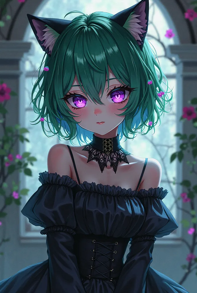 Yuki, an anime girl with short, messy hair in the color green,  purple eyes, Gothic dress and wearing cat ears