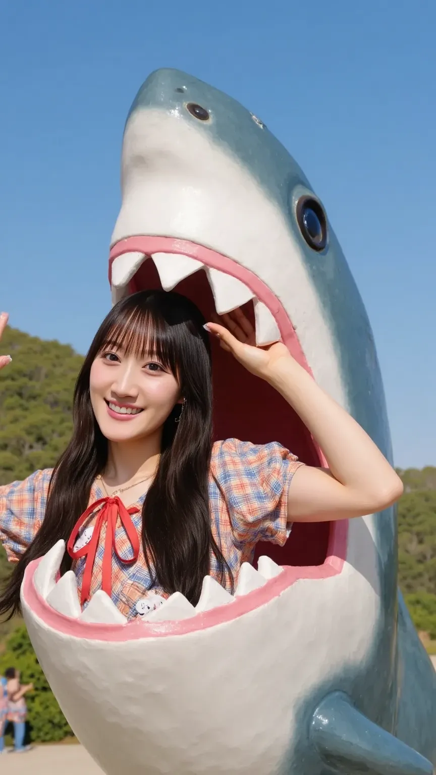 "An adorable Japanese woman with a big, bright smile, playfully emerging from the mouth of a shark sculpture. The woman has long, dark hair and is wearing a casual, colorful outfit. The shark is large and realistic, with its mouth wide open. The scene is s...