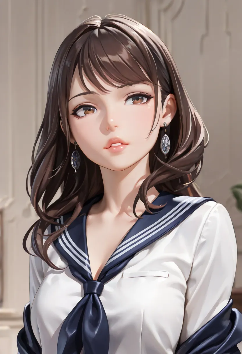 ( lips, 4k, masterpiece :1.3),  beautiful woman ,  a girl, (chest, Enchanting body :1.2), Cowboys shoot , Actually, YEAH.:1.1, dark brown hair : 1.1,  Sailor's Suit, Super thin face ,  Lip details ,  beautiful eyes,  Double eyelid 