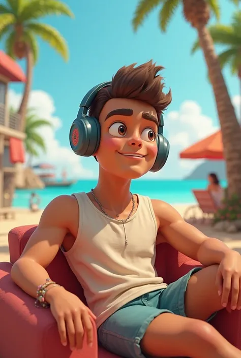 Chico Trigueño  , 3D CARTOON urban style sitting looking at the beach listening to music , with headphones 