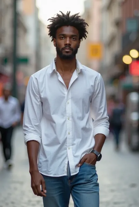 Image of a young black haired corenl dressed in blue jeans and a white shirt walking outside on the street in a busy city