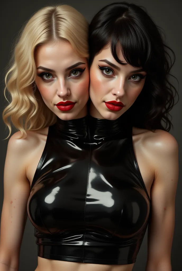 Stunning woman with two heads taking a selfie. Sleeveless latex turtleneck crop top. Blonde hair. Black hair. cat eye makeup. red lipstick.