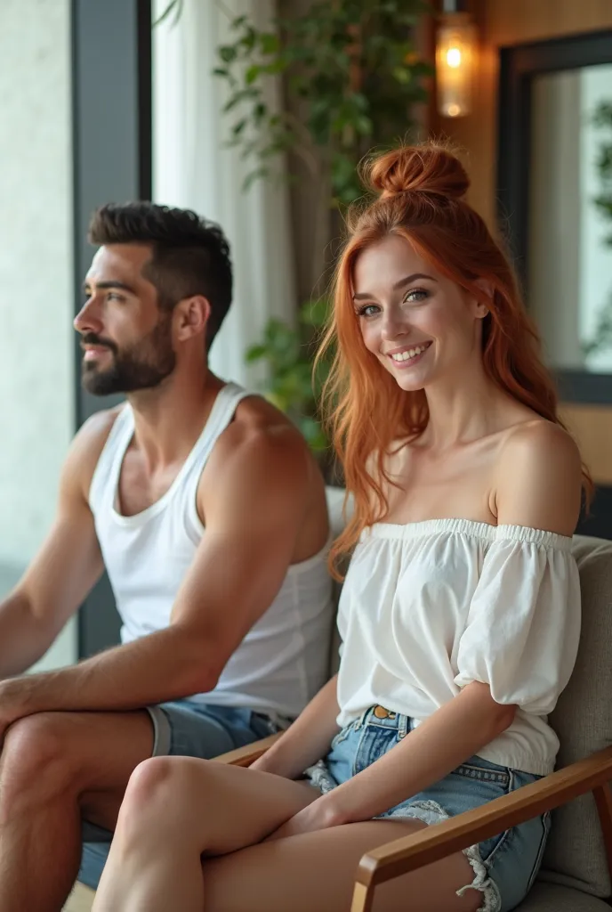 realistic photo of couple sitting in a hotel lobby, waiting for their room to be ready. A man with short black hair, blue eyes, thin black stubble, wearing a white tank top and jeans shorts, his leg is crossed, the woman he is sitting next to has long red ...